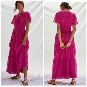 Maeve Anthropologie Somerset Eyelet Maxi Dress Fuchsia Tiered V-Neck XSmall